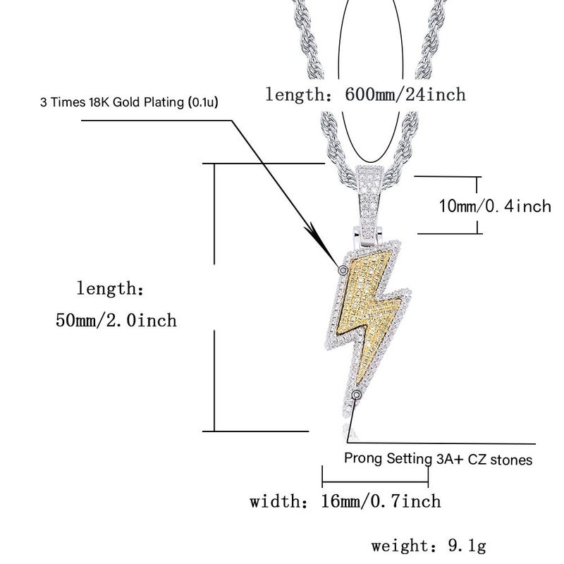 JINAO Hip Hop Lightning Bolt Design Pendant 18k Gold Plated Iced Out Cubic Zirconia Pendant Necklace with Micropave Simulated Diamond for Men Women (Two Colors) - Image 2